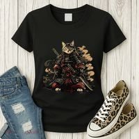 Samurai Cat Japanese Graphic Art Anime Warrior Cat Lover Women's T-Shirt thumb 3