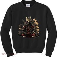 Samurai Cat Japanese Graphic Art Anime Warrior Cat Lover Kids Sweatshirt thumb 0