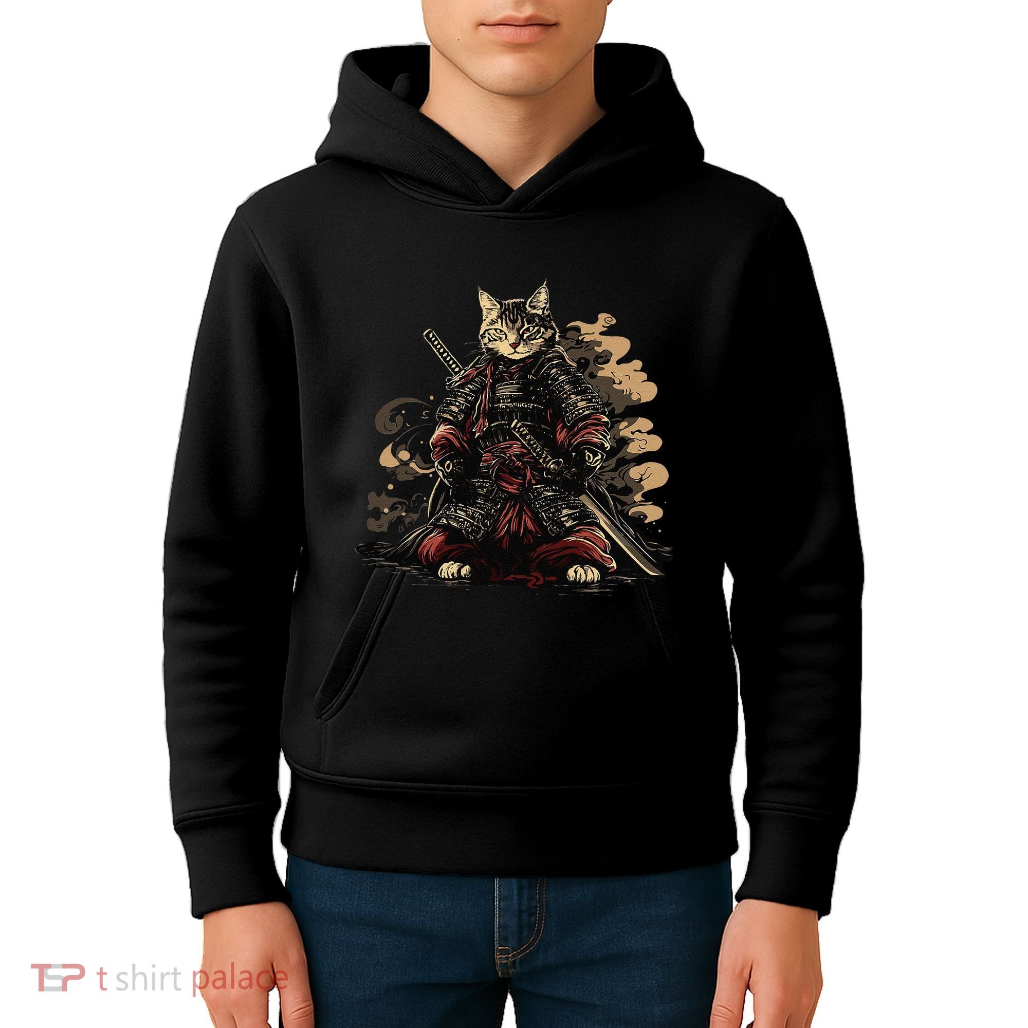 Samurai Cat Japanese Graphic Art Anime Warrior Cat Lover Kids Hoodie
