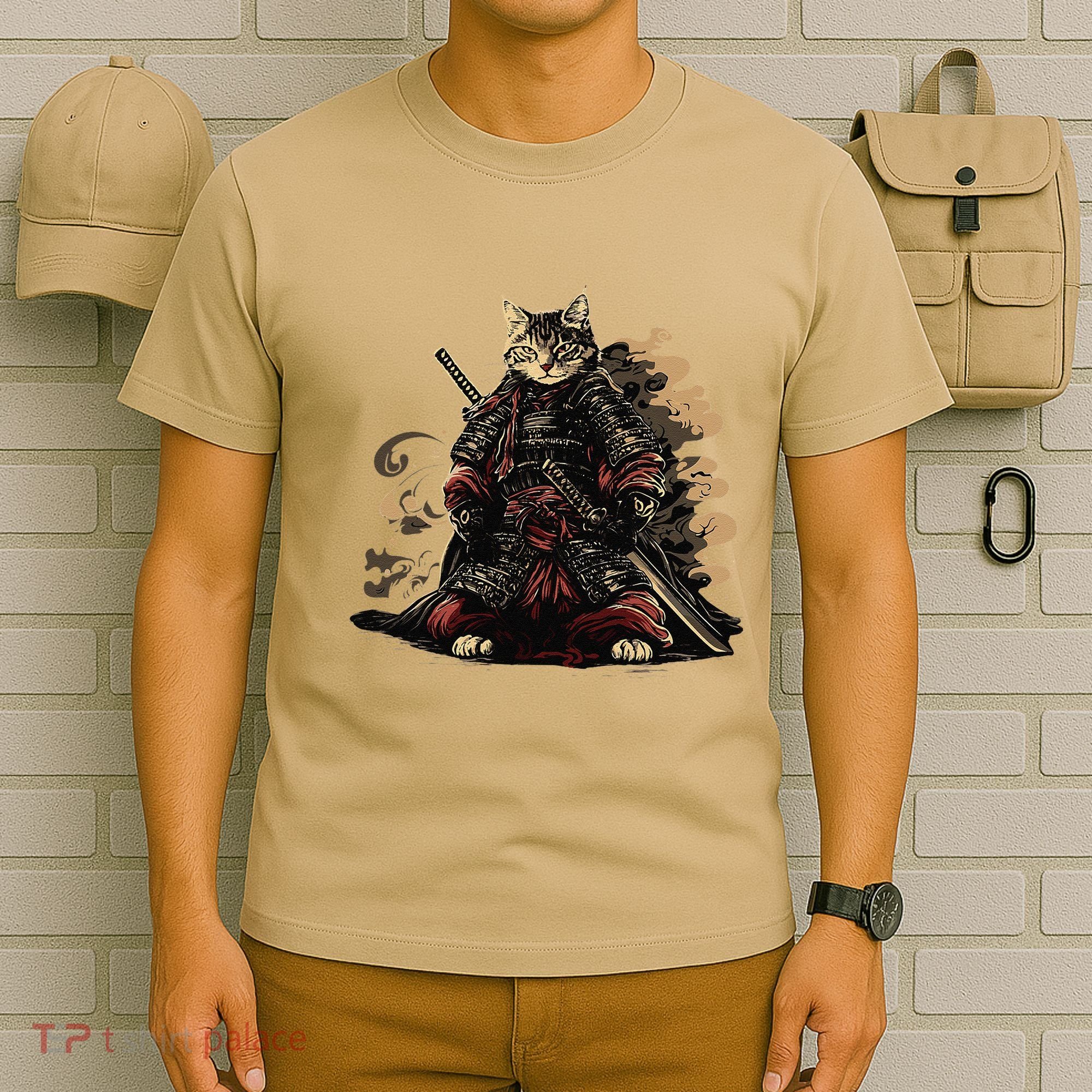 Samurai Cat Japanese Graphic Art Anime Warrior Cat Lover T-Shirt