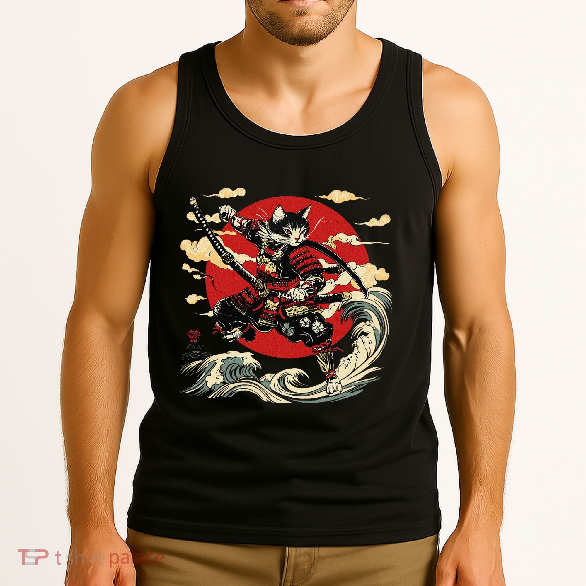 Samurai Cat Japanese Graphic Art Anime Warrior Cat Lover Tank Top