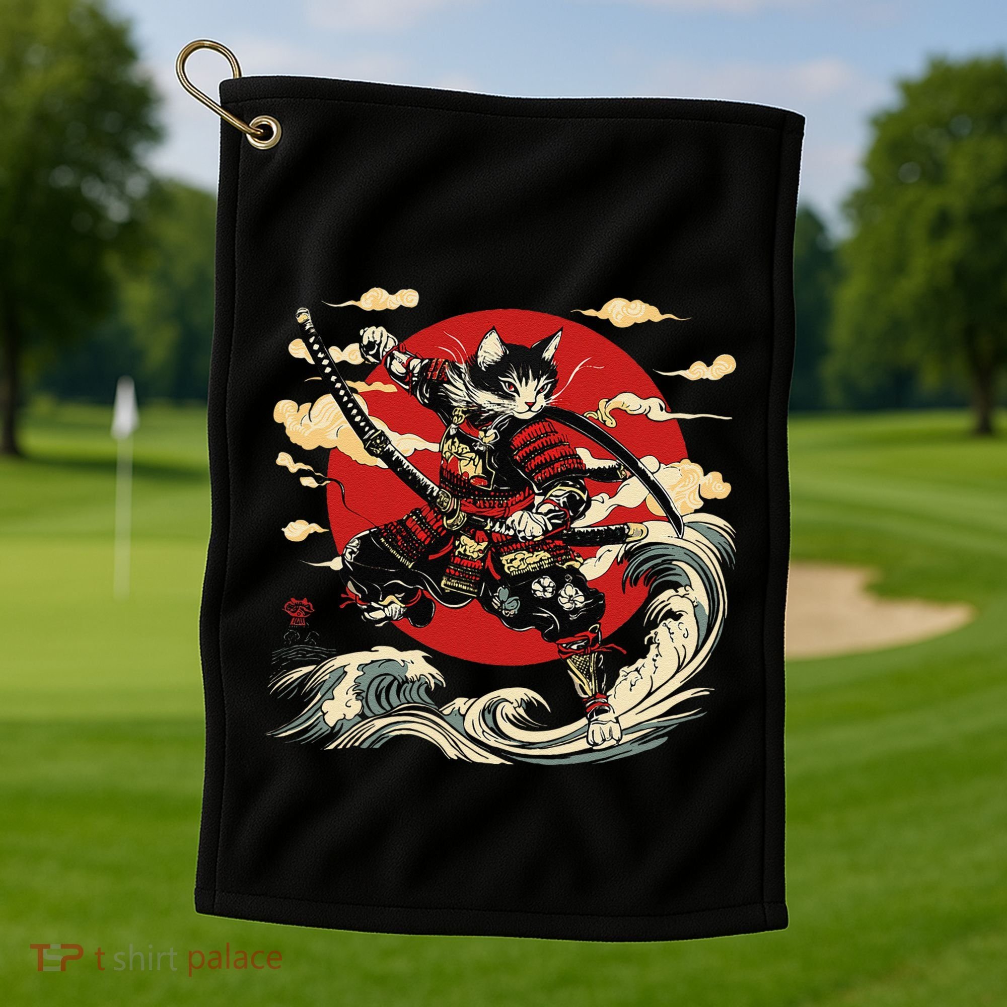 Samurai Cat Japanese Graphic Art Anime Warrior Cat Lover Golf Towel