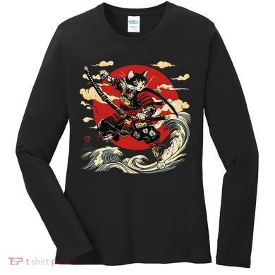 Samurai Cat Japanese Graphic Art Anime Warrior Cat Lover Women's Long Sleeve Shirt