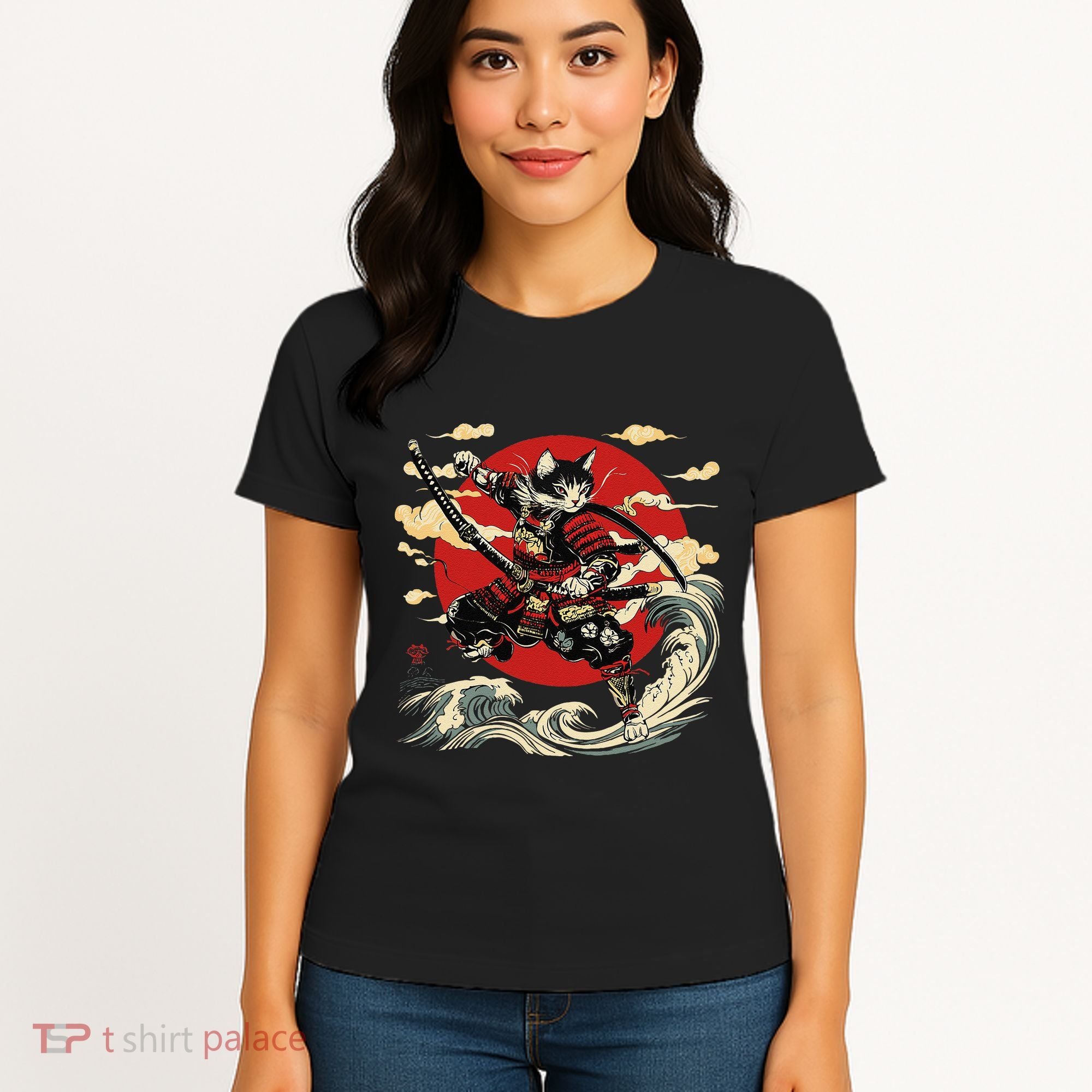 Samurai Cat Japanese Graphic Art Anime Warrior Cat Lover Women's T-Shirt