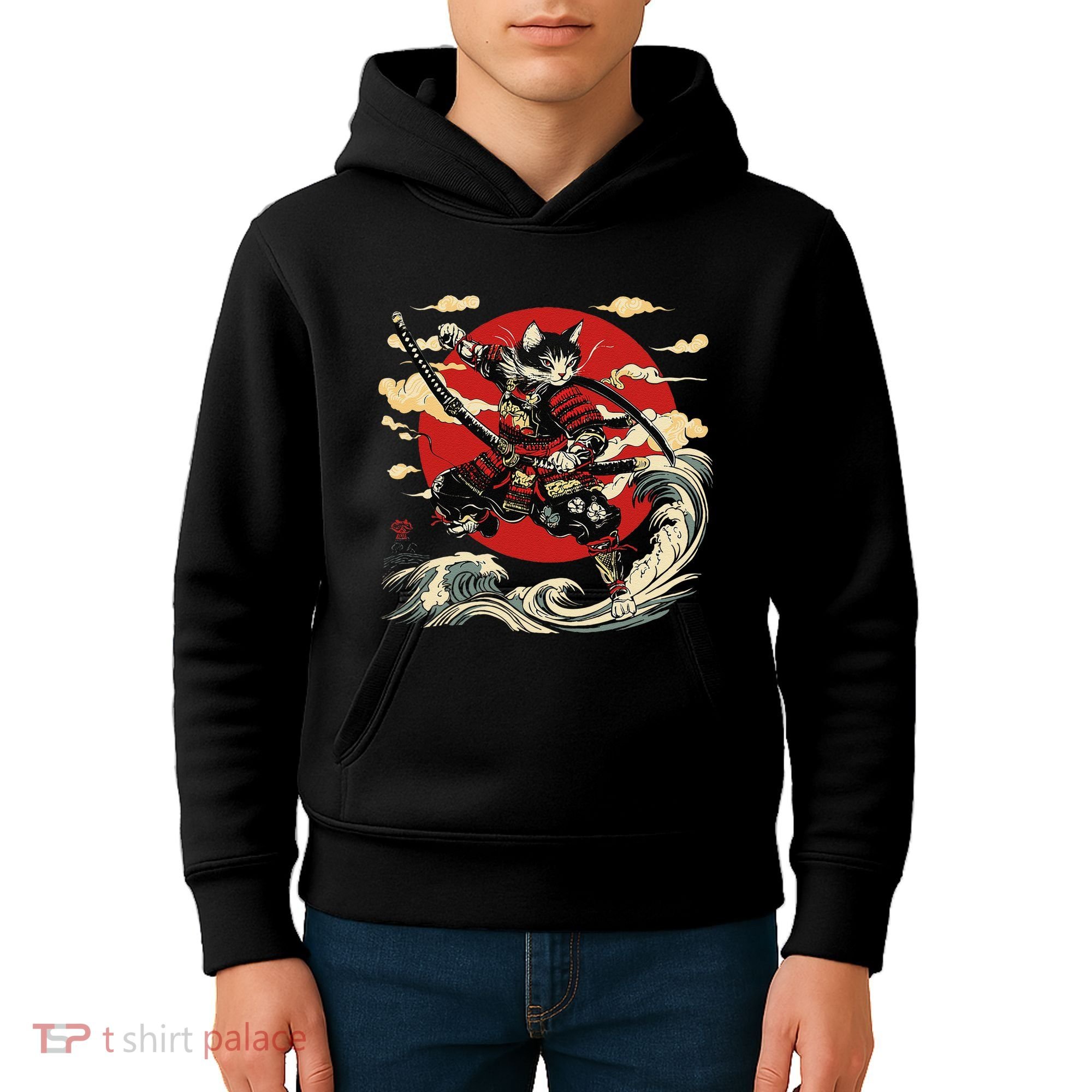 Samurai Cat Japanese Graphic Art Anime Warrior Cat Lover Kids Hoodie