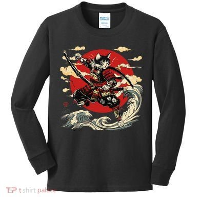 Samurai Cat Japanese Graphic Art Anime Warrior Cat Lover Kids Long Sleeve Shirt
