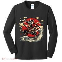 Samurai Cat Japanese Graphic Art Anime Warrior Cat Lover Kids Long Sleeve Shirt thumb 0