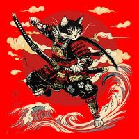 Samurai Cat Japanese Graphic Art Anime Warrior Cat Lover Santa Hat thumb 1