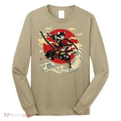 Samurai Cat Japanese Graphic Art Anime Warrior Cat Lover Long Sleeve Shirt
