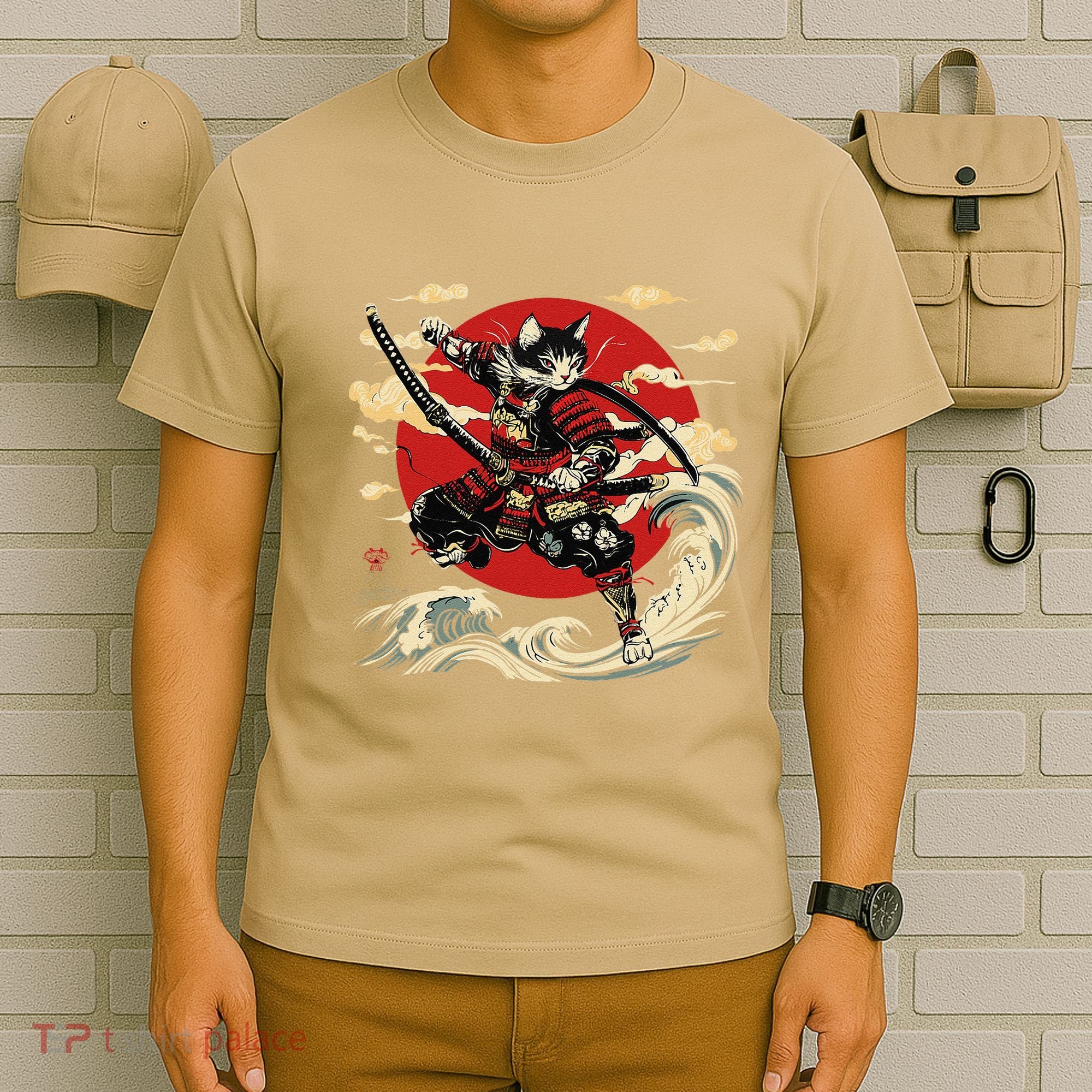 Samurai Cat Japanese Graphic Art Anime Warrior Cat Lover T-Shirt
