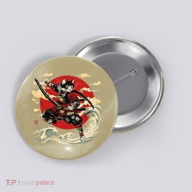 Samurai Cat Japanese Graphic Art Anime Warrior Cat Lover Button