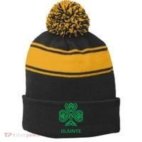 Slainte Celtic Knot Irish Shamrock Stripe Pom Pom Beanie thumb 0