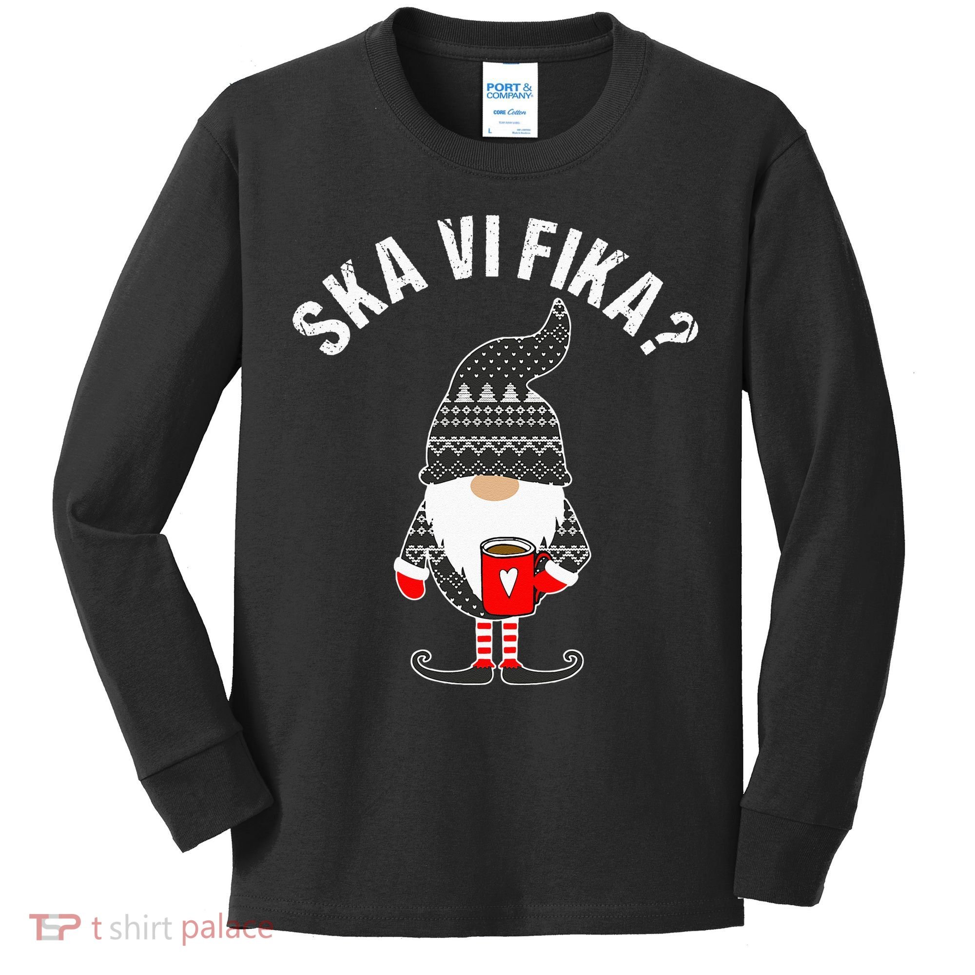 Scandinavian Coffee Lover Ska Vi Fika Tomte Gnome Nordic Kids Long Sleeve Shirt