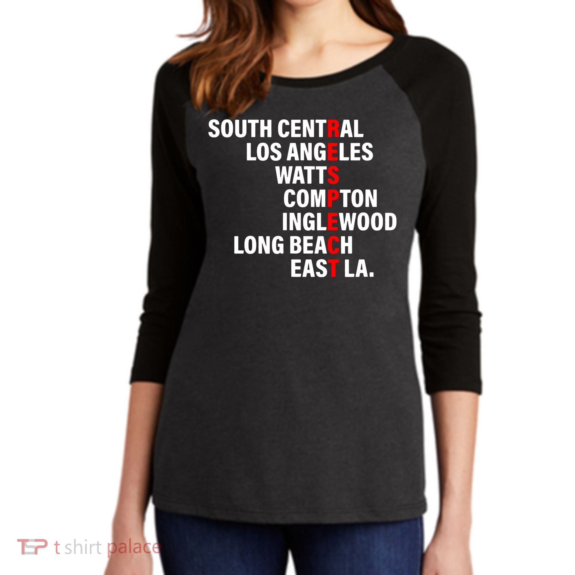 South Central Los Angeles Respect Watts Compton Women's Tri-Blend 3/4-Sleeve Raglan Shirt