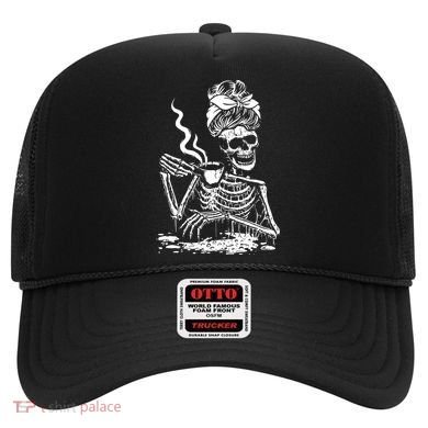 Skeleton Coffee Messy Bun Gift Front Design Funny Gift Hat
