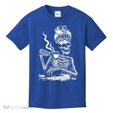 Skeleton Coffee Messy Bun Gift Front Design Funny Gift Kids T-Shirt