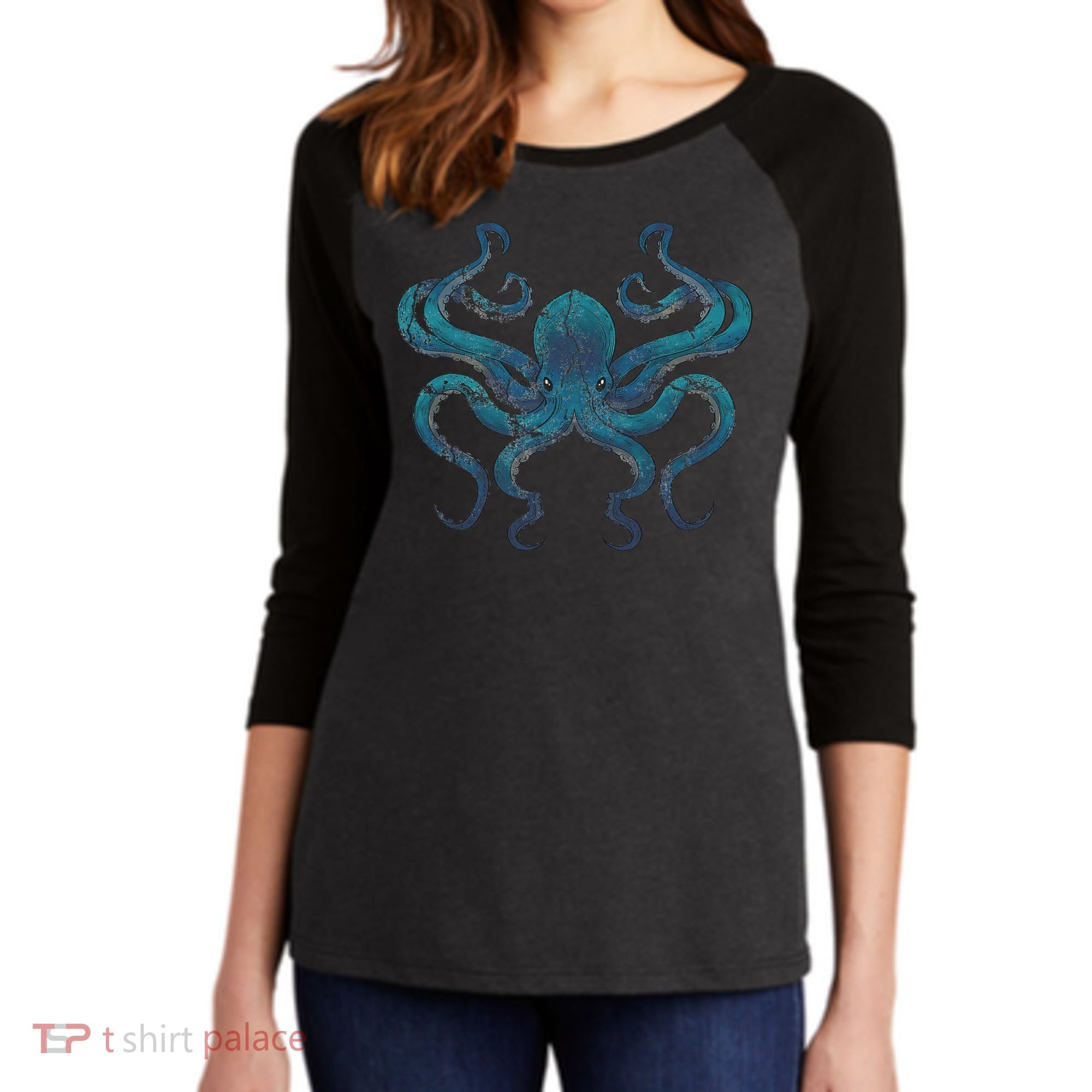Sea Creature Octopus Aquarium Diving Gift Octopus Women's Tri-Blend 3/4-Sleeve Raglan Shirt