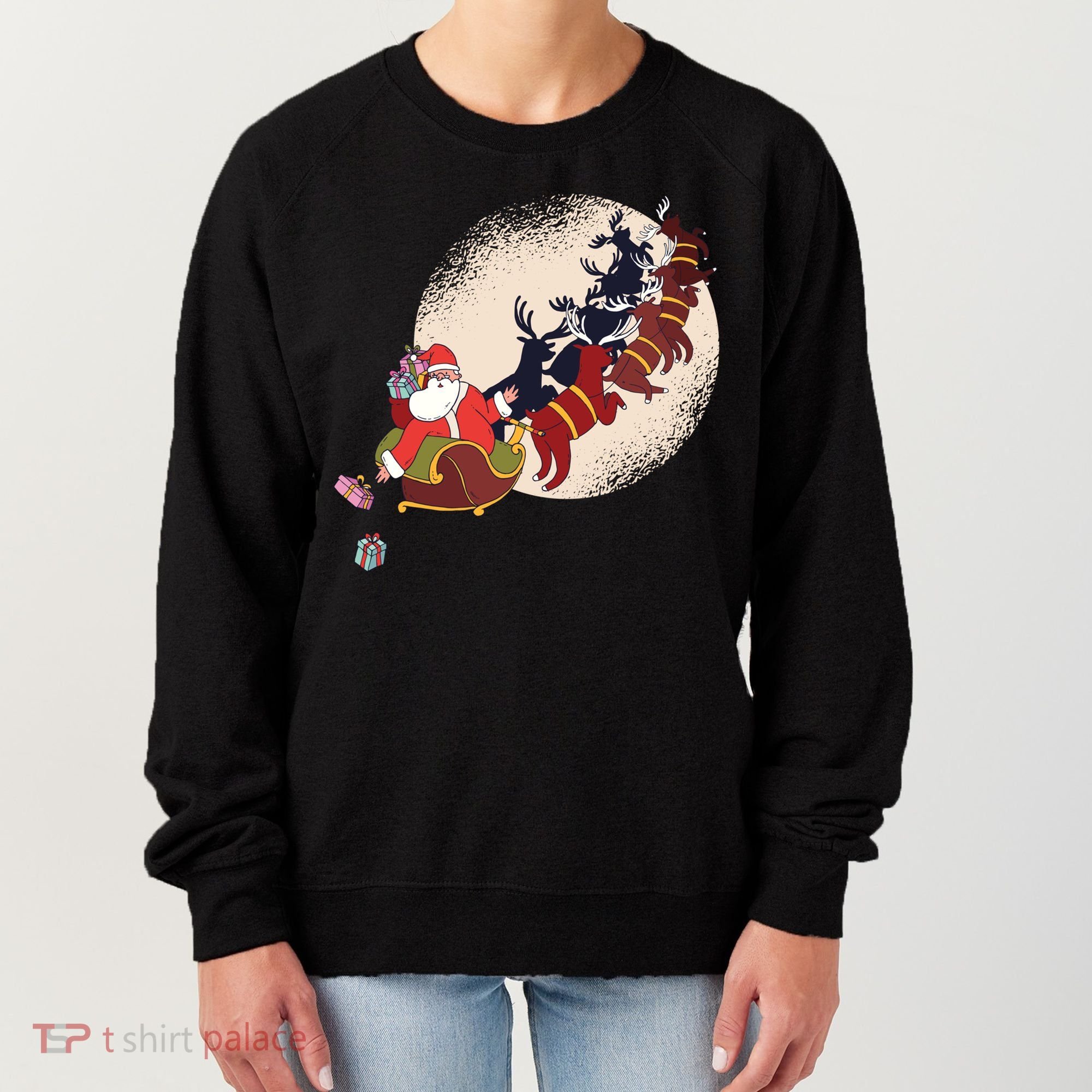 Santa Claus On Christmas Sleigh Pulled By Reindeer Gift Women's Sweatshirt