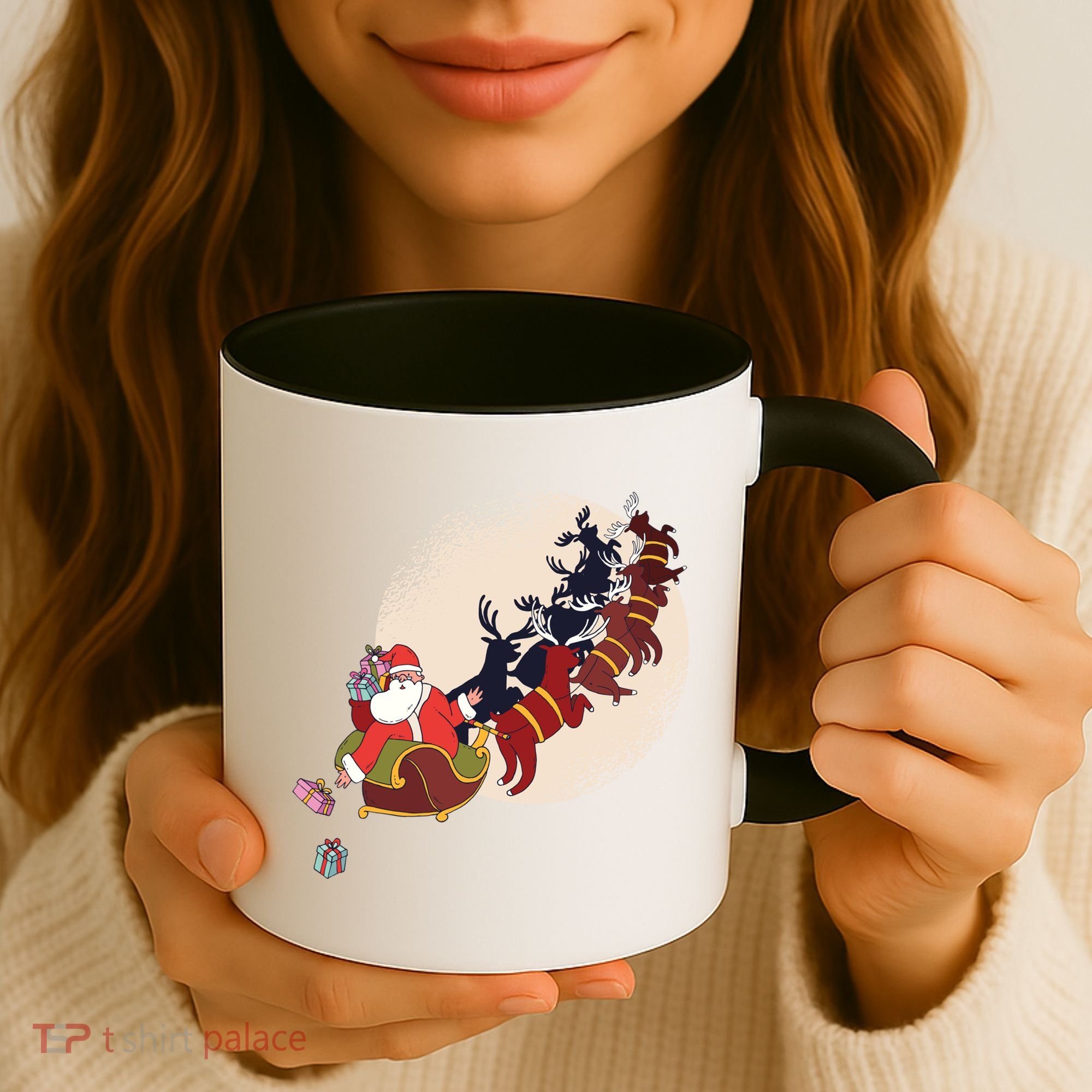 Santa Claus On Christmas Sleigh Pulled By Reindeer Gift Coffee Mug