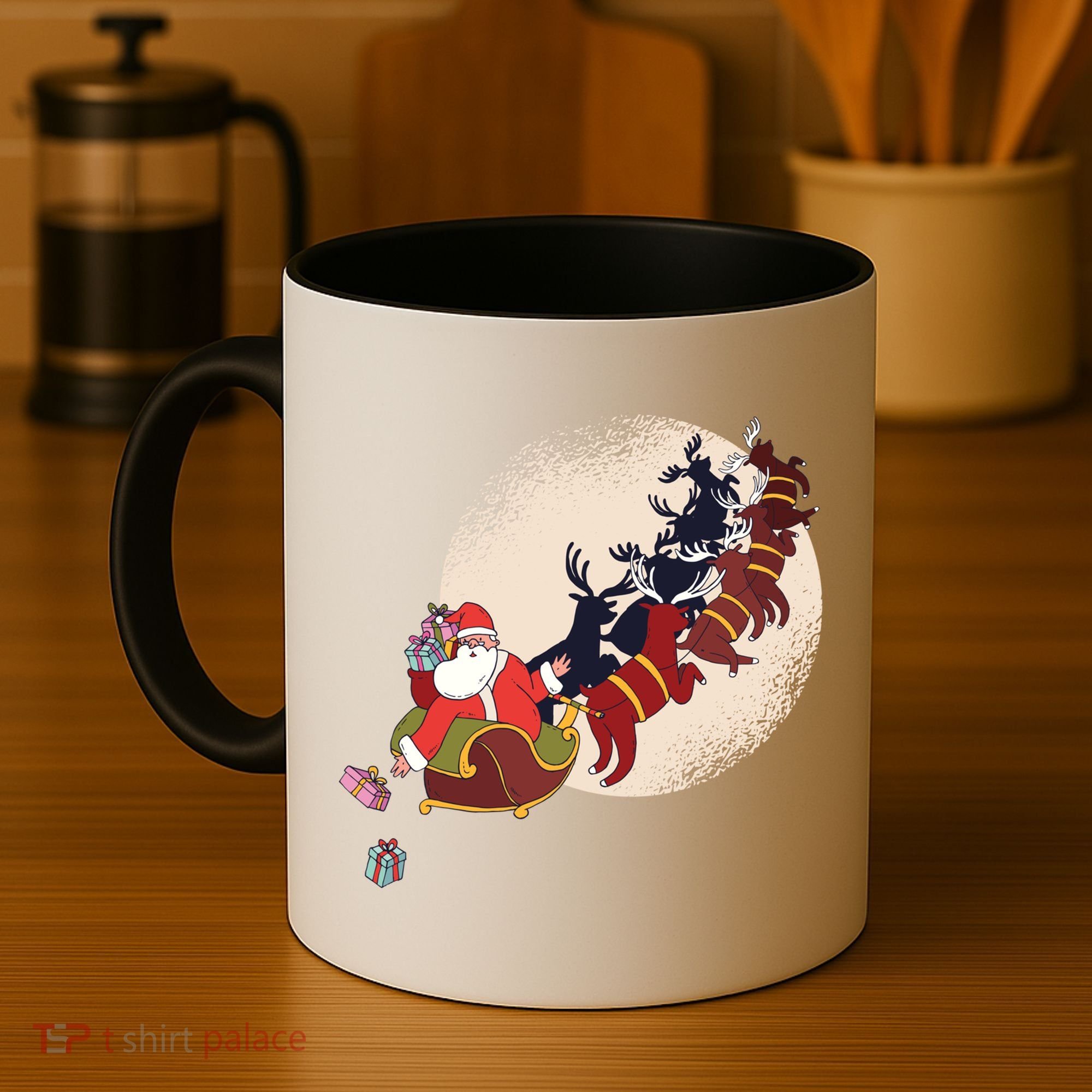Santa Claus On Christmas Sleigh Pulled By Reindeer Gift Coffee Mug