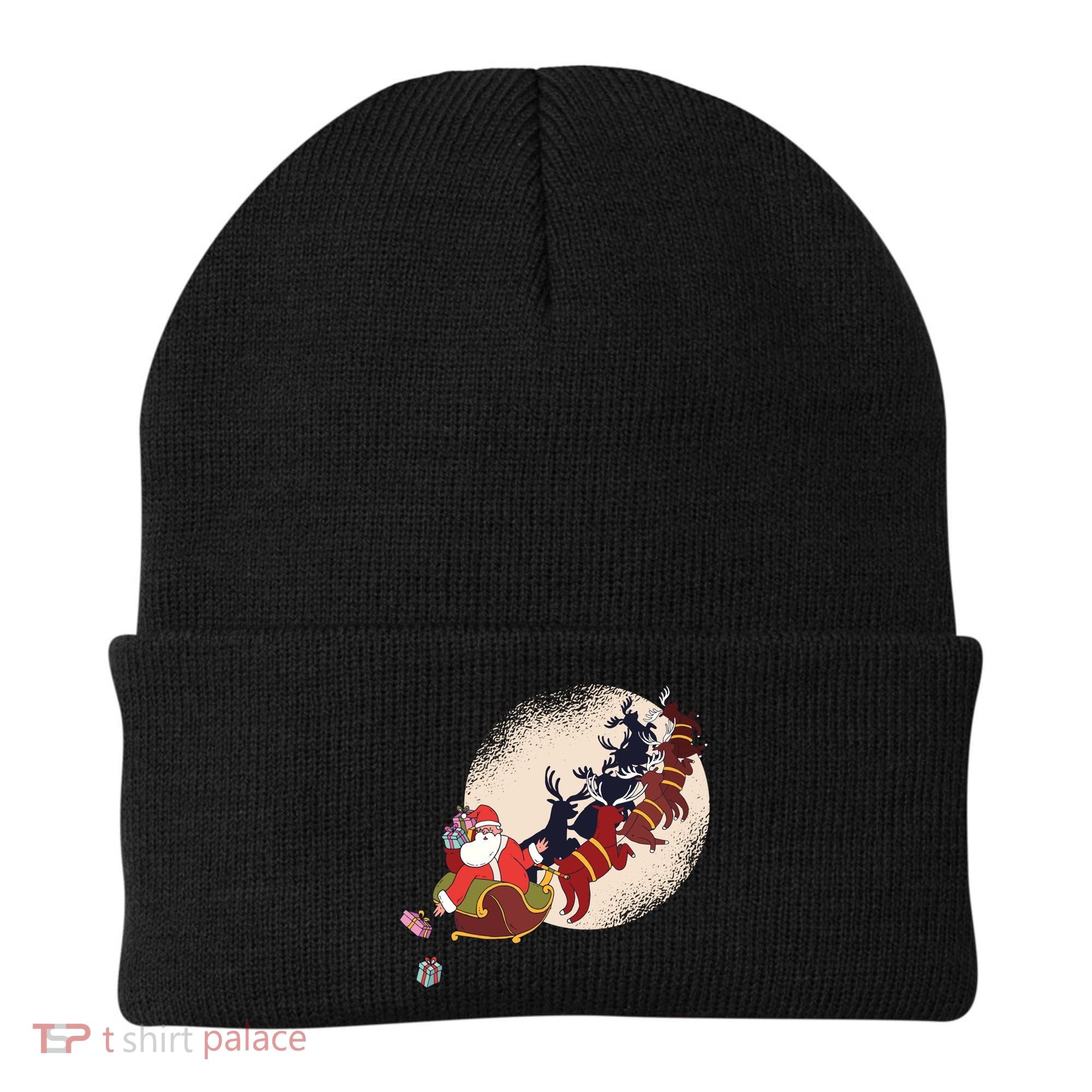 Santa Claus On Christmas Sleigh Pulled By Reindeer Gift Beanie