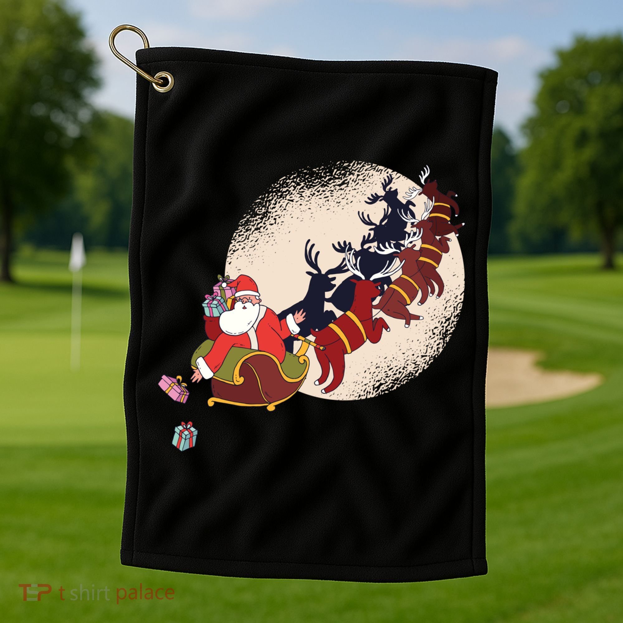 Santa Claus On Christmas Sleigh Pulled By Reindeer Gift Golf Towel