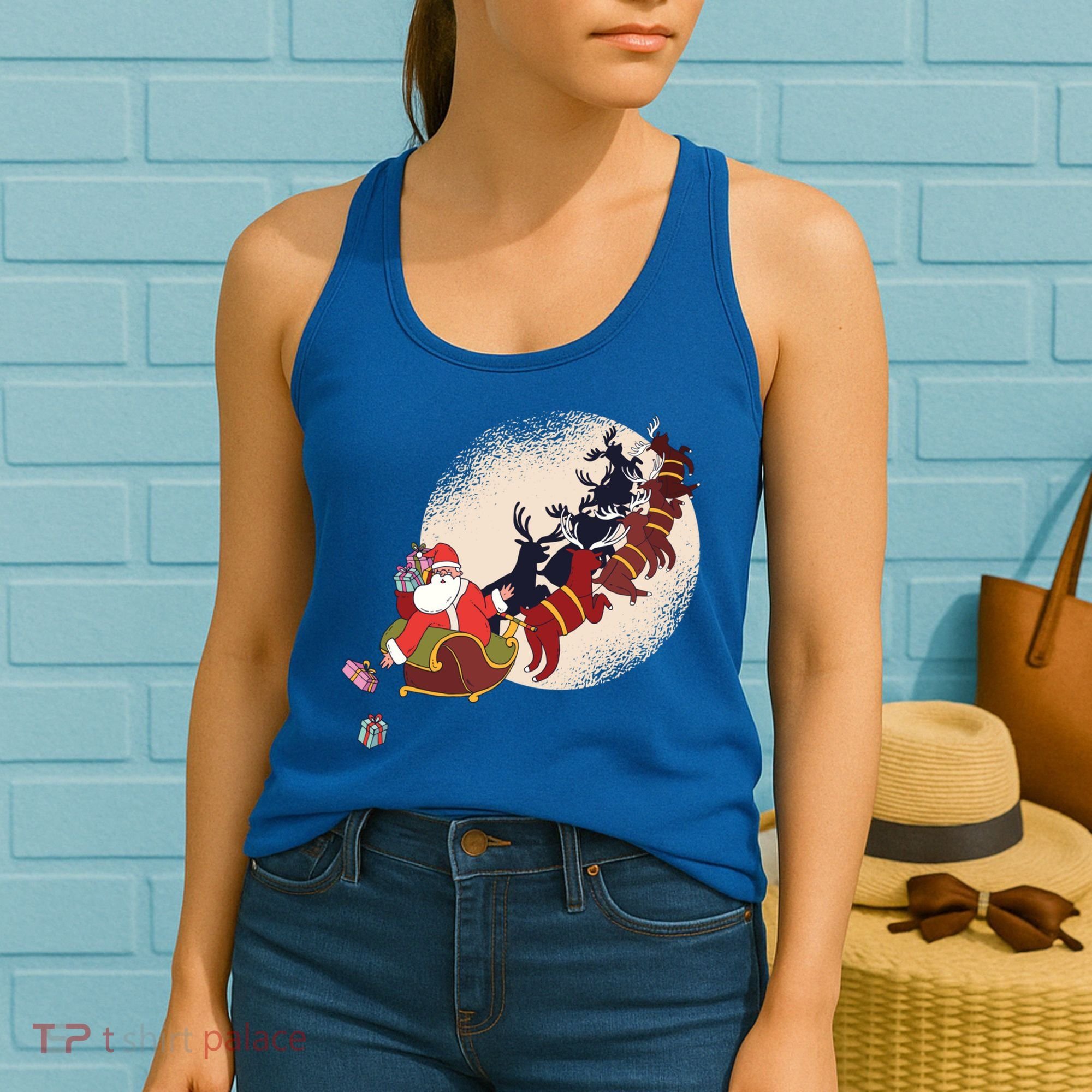 Santa Claus On Christmas Sleigh Pulled By Reindeer Gift Women's Tank Top
