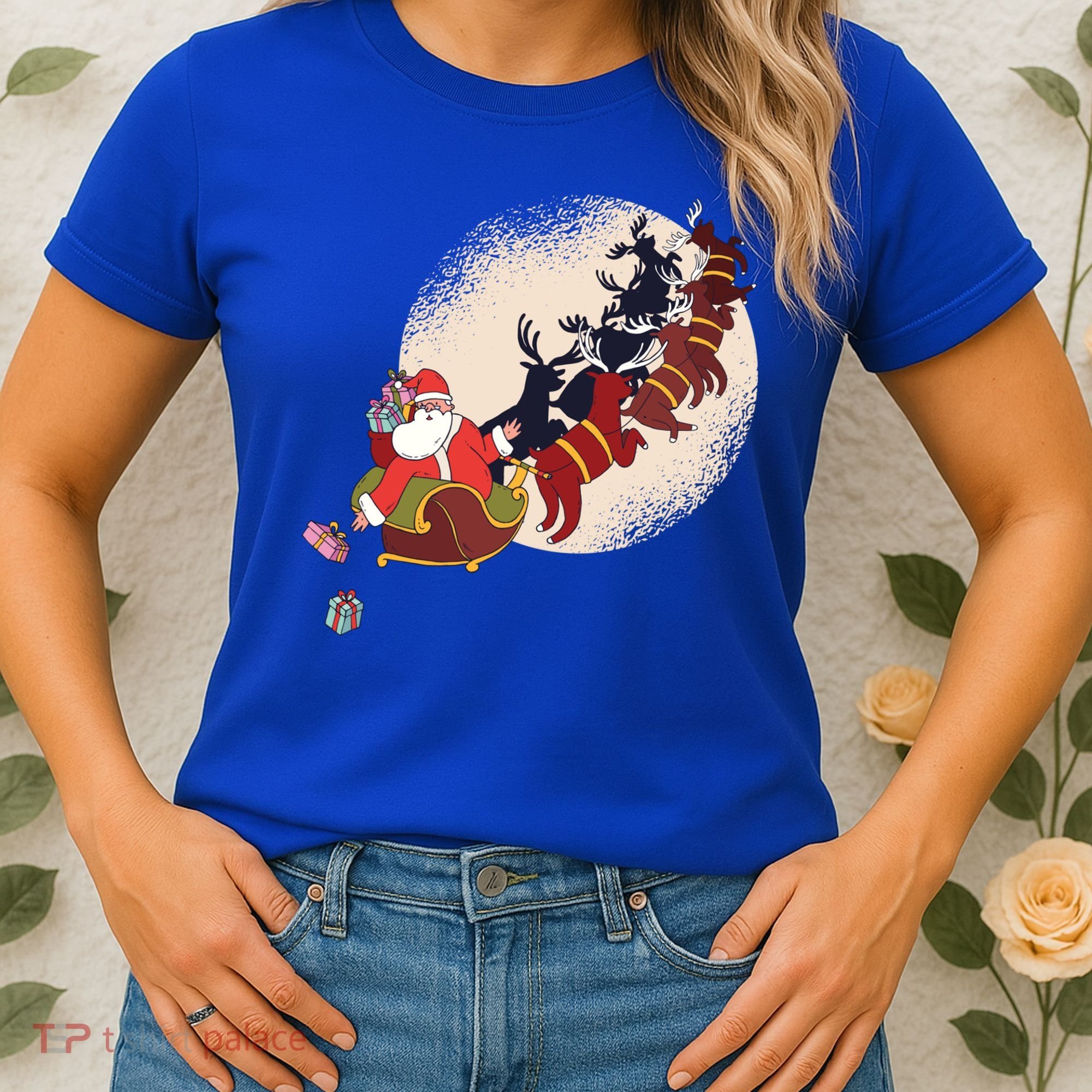 Santa Claus On Christmas Sleigh Pulled By Reindeer Gift Women's T-Shirt