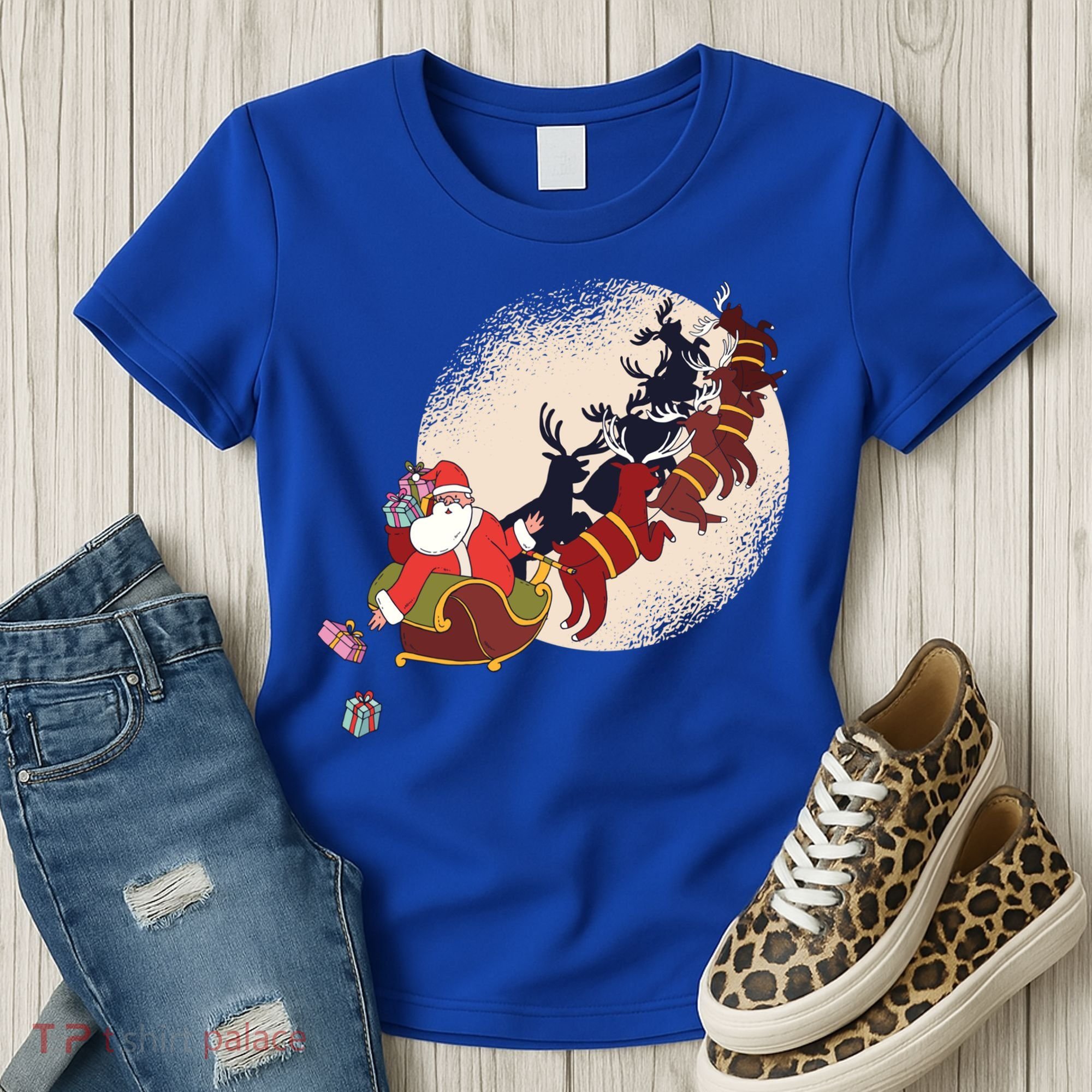 Santa Claus On Christmas Sleigh Pulled By Reindeer Gift Women's T-Shirt