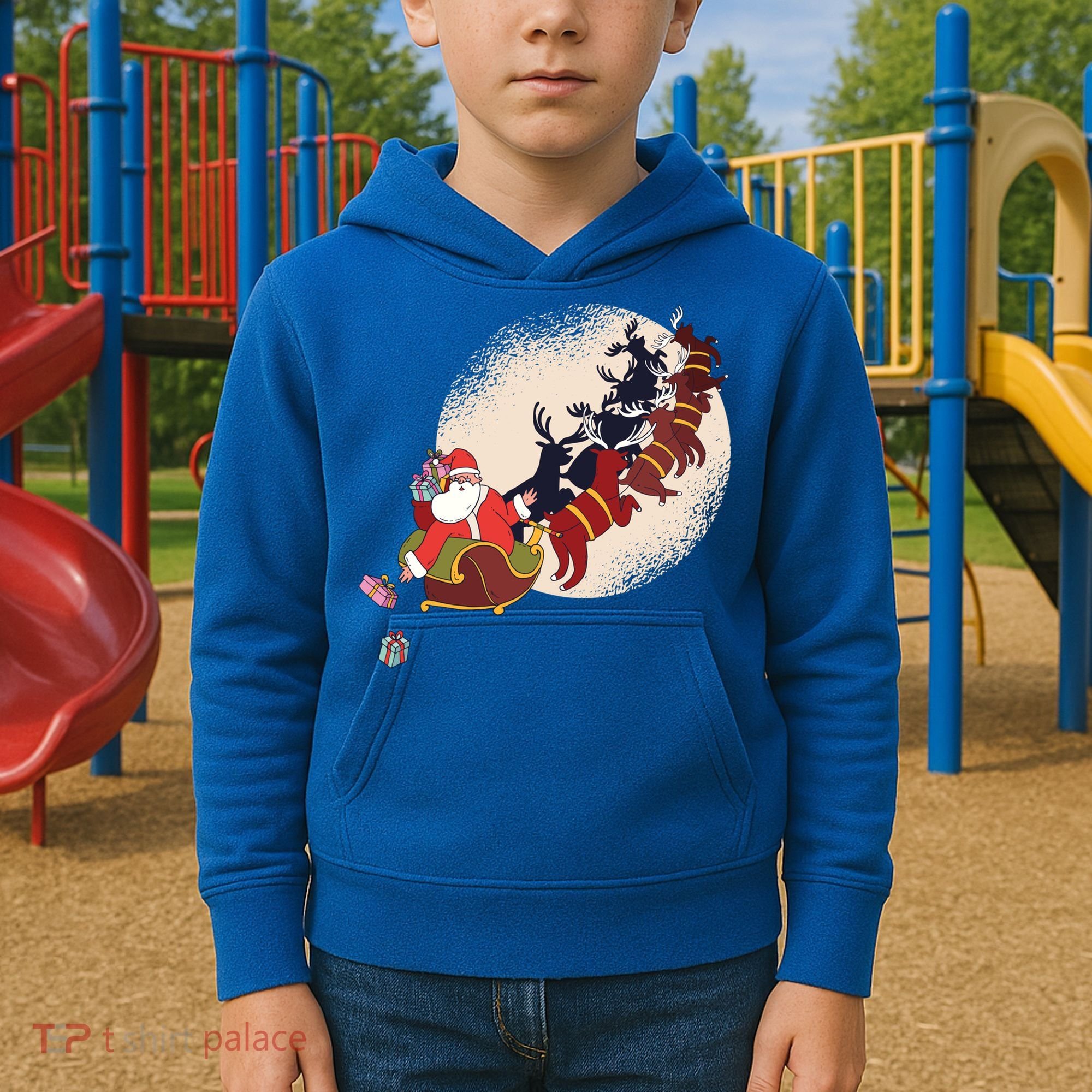 Santa Claus On Christmas Sleigh Pulled By Reindeer Gift Kids Hoodie