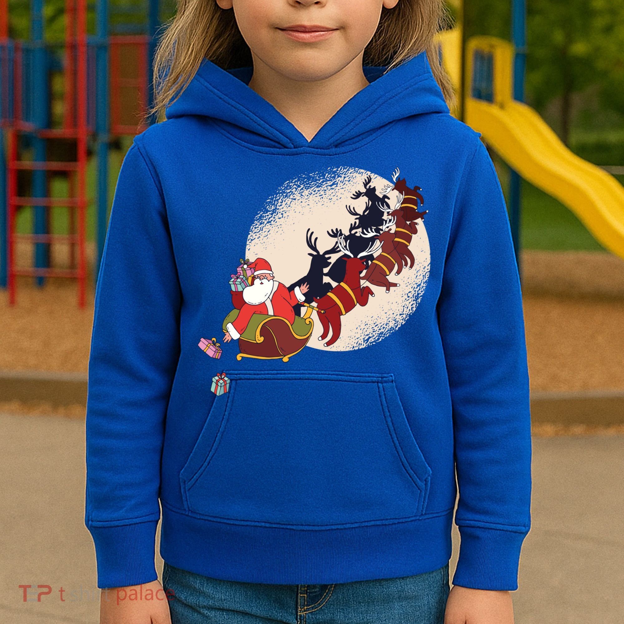 Santa Claus On Christmas Sleigh Pulled By Reindeer Gift Kids Hoodie