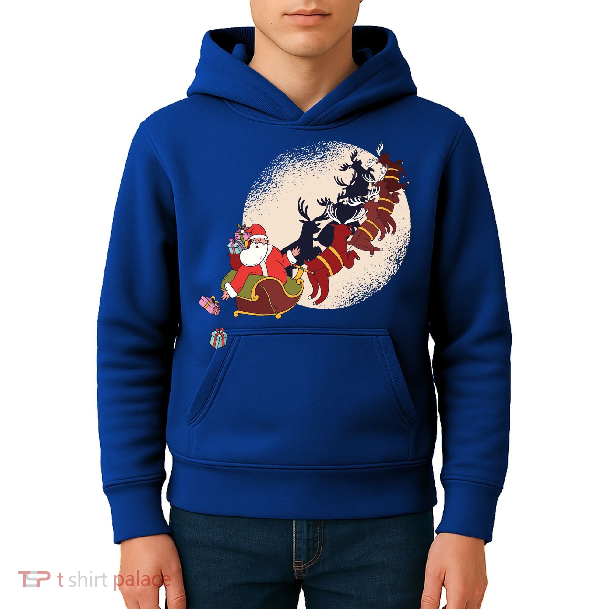 Santa Claus On Christmas Sleigh Pulled By Reindeer Gift Kids Hoodie