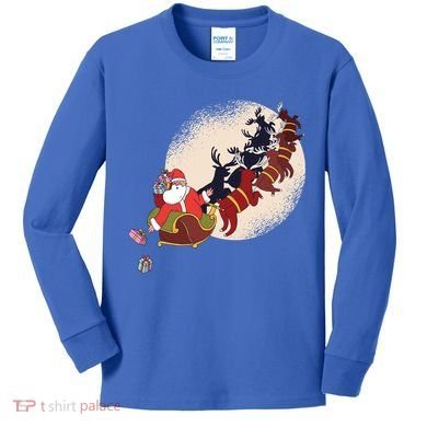 Santa Claus On Christmas Sleigh Pulled By Reindeer Gift Kids Long Sleeve Shirt