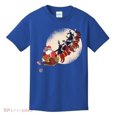 Santa Claus On Christmas Sleigh Pulled By Reindeer Gift Kids T-Shirt