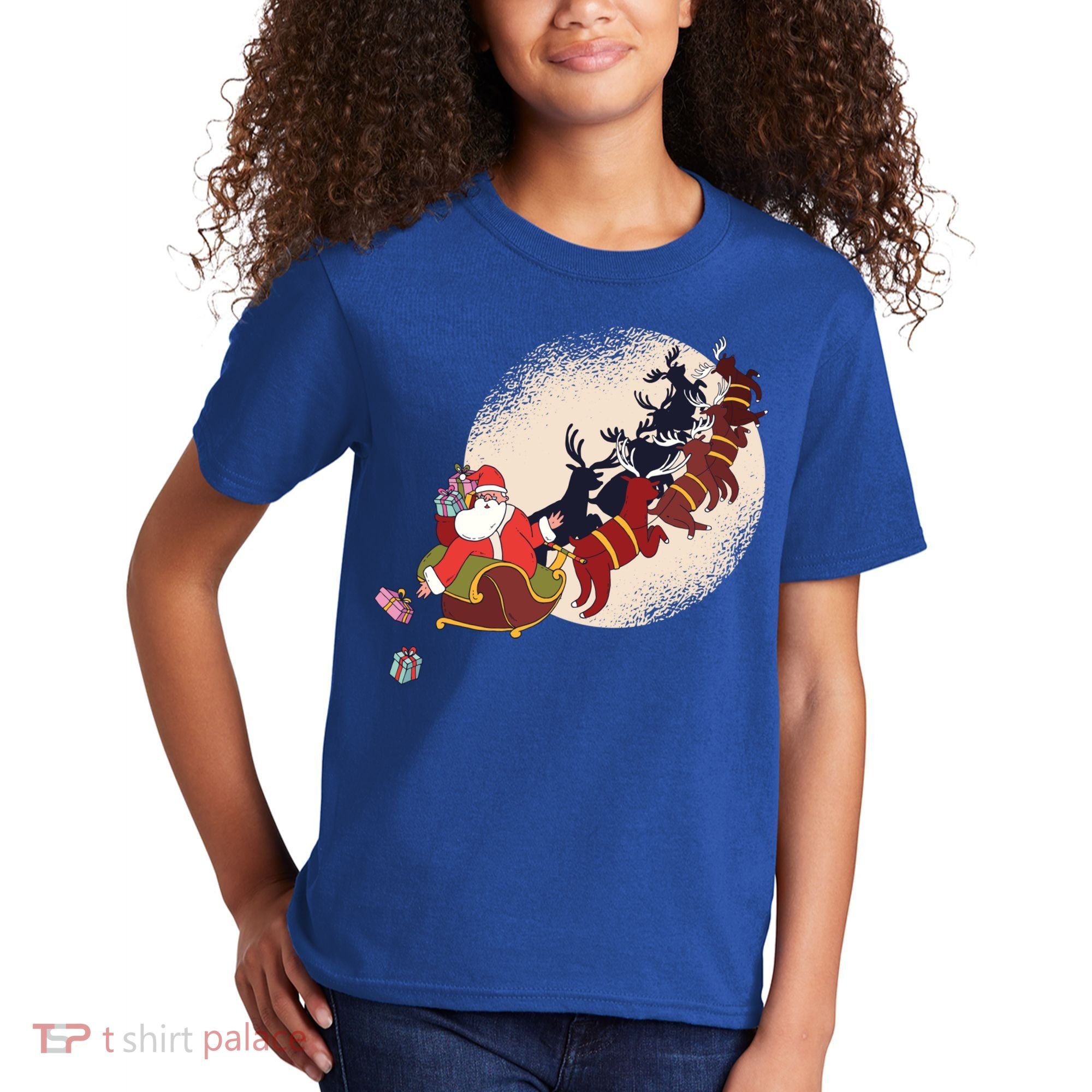 Santa Claus On Christmas Sleigh Pulled By Reindeer Gift Kids T-Shirt