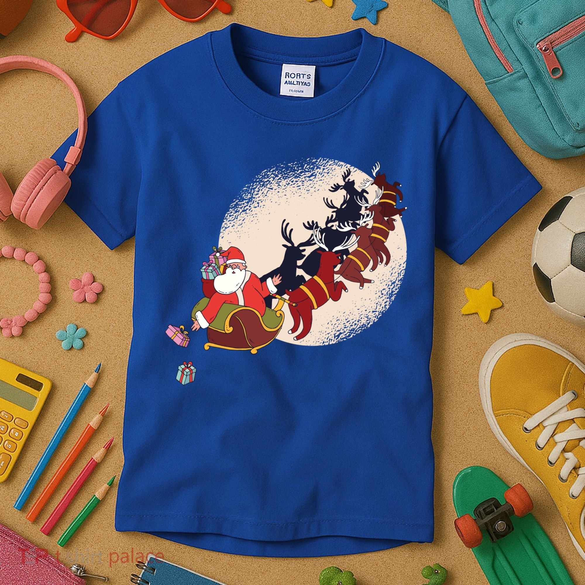 Santa Claus On Christmas Sleigh Pulled By Reindeer Gift Kids T-Shirt