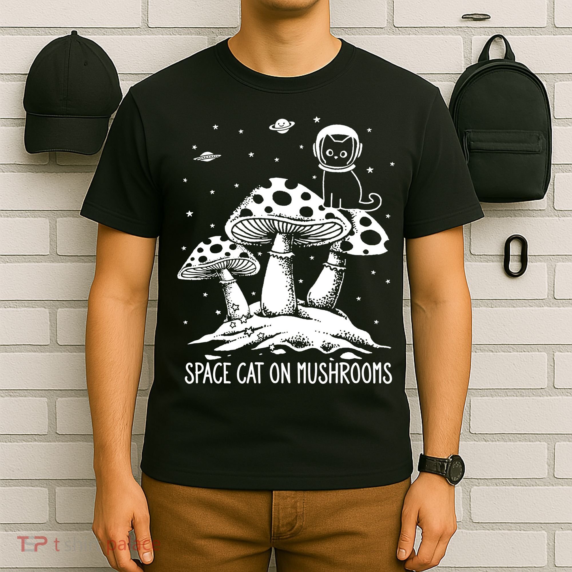 Space Cat On Mushrooms T-Shirt