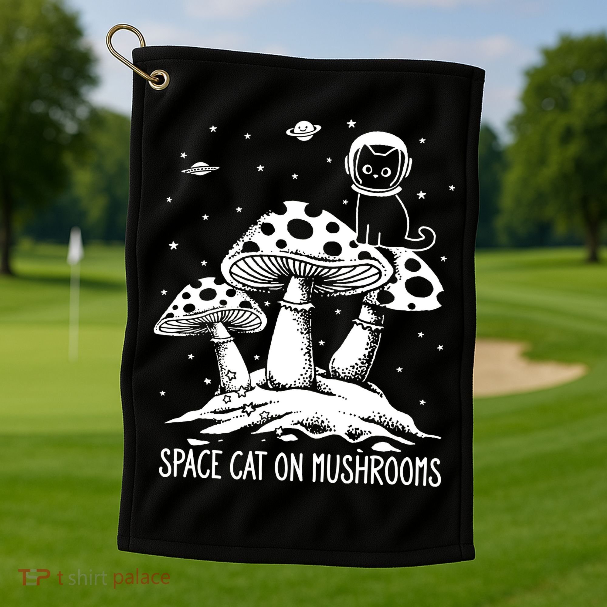 Space Cat On Mushrooms Golf Towel