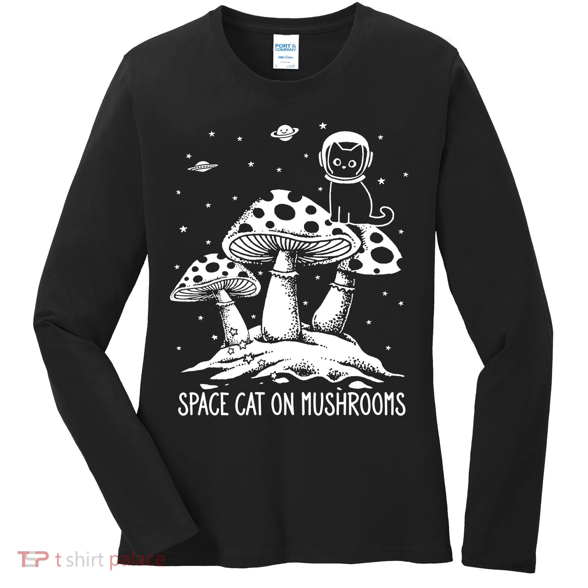 Space Cat On Mushrooms Women's Long Sleeve Shirt
