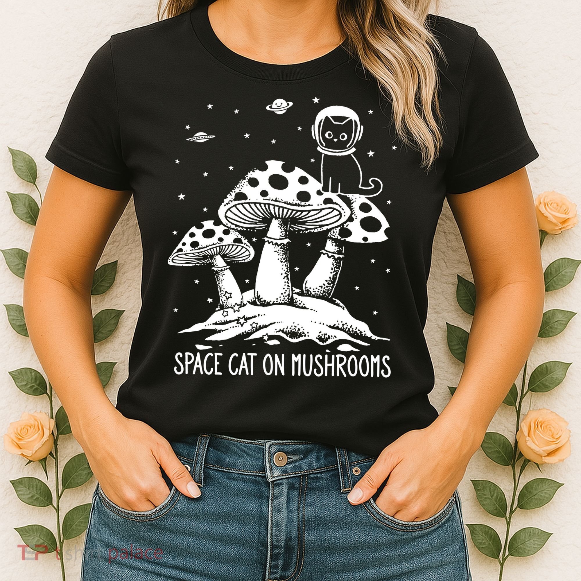 Space Cat On Mushrooms Women's T-Shirt