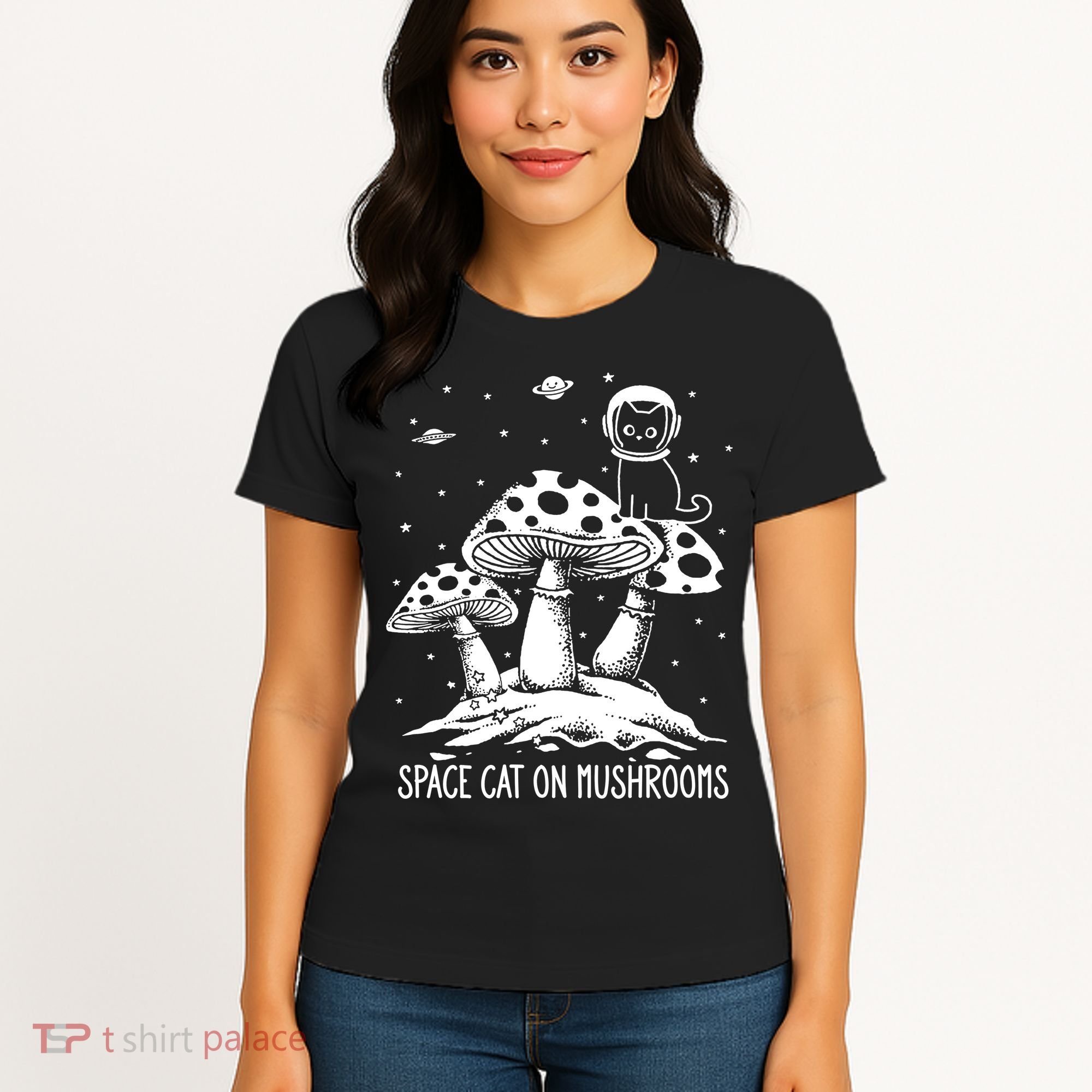 Space Cat On Mushrooms Women's T-Shirt