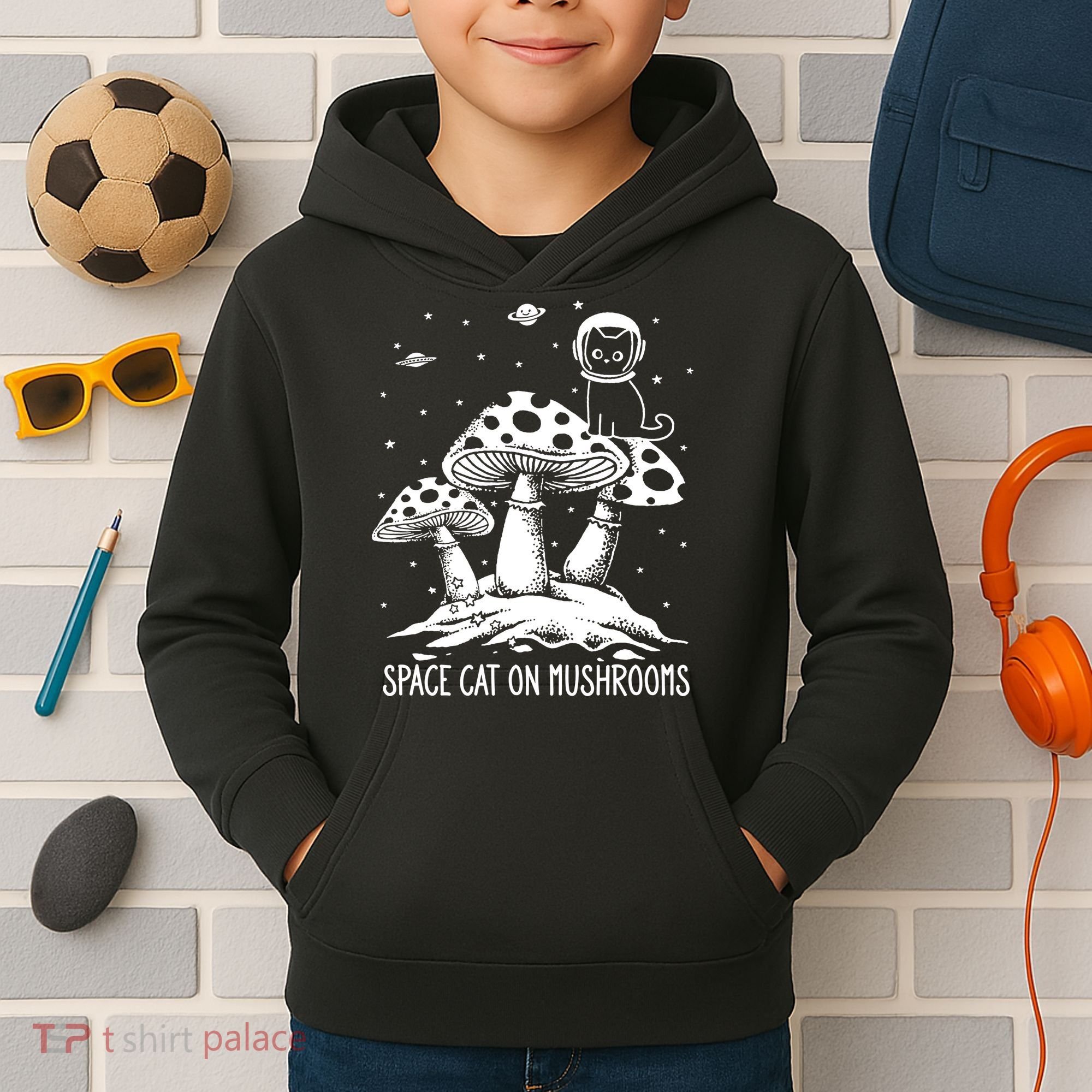 Space Cat On Mushrooms Kids Hoodie
