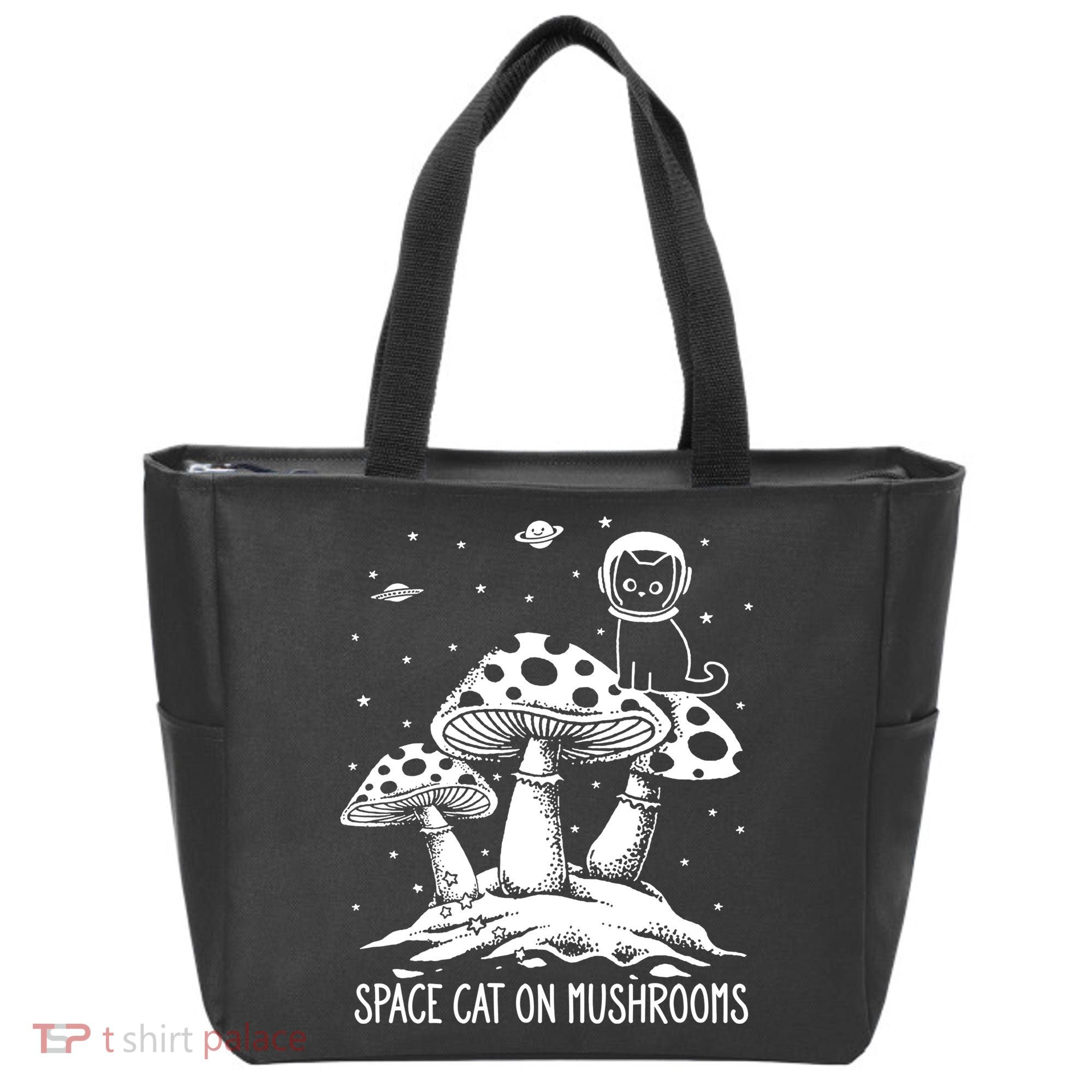 Space Cat On Mushrooms Tote Bag
