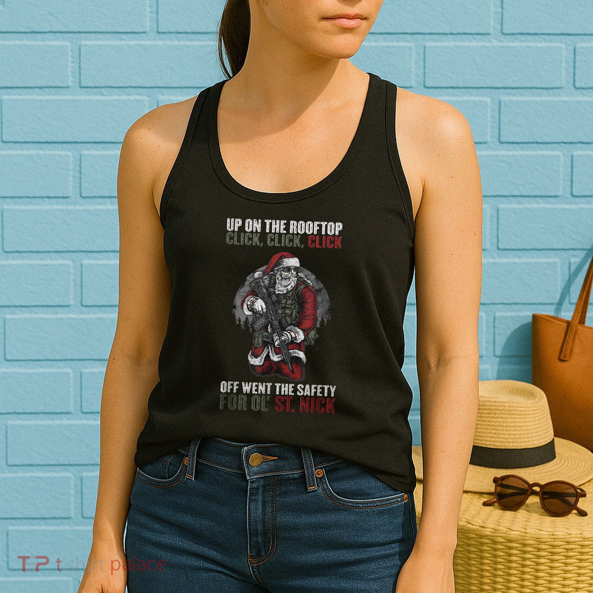 Santa Claus On The Rooftop Funny Tactical Safety Christmas Women's Tank Top