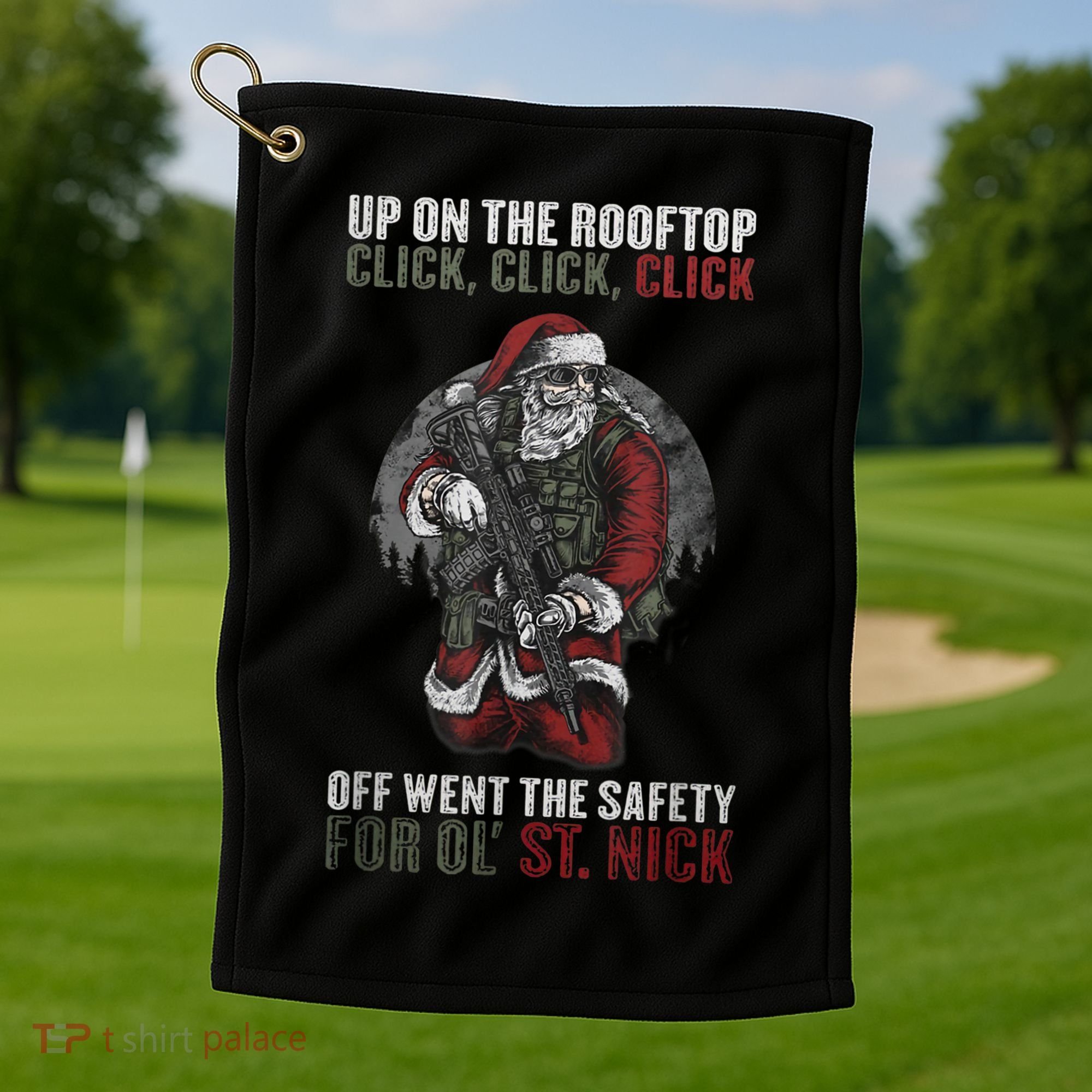 Santa Claus On The Rooftop Funny Tactical Safety Christmas Golf Towel