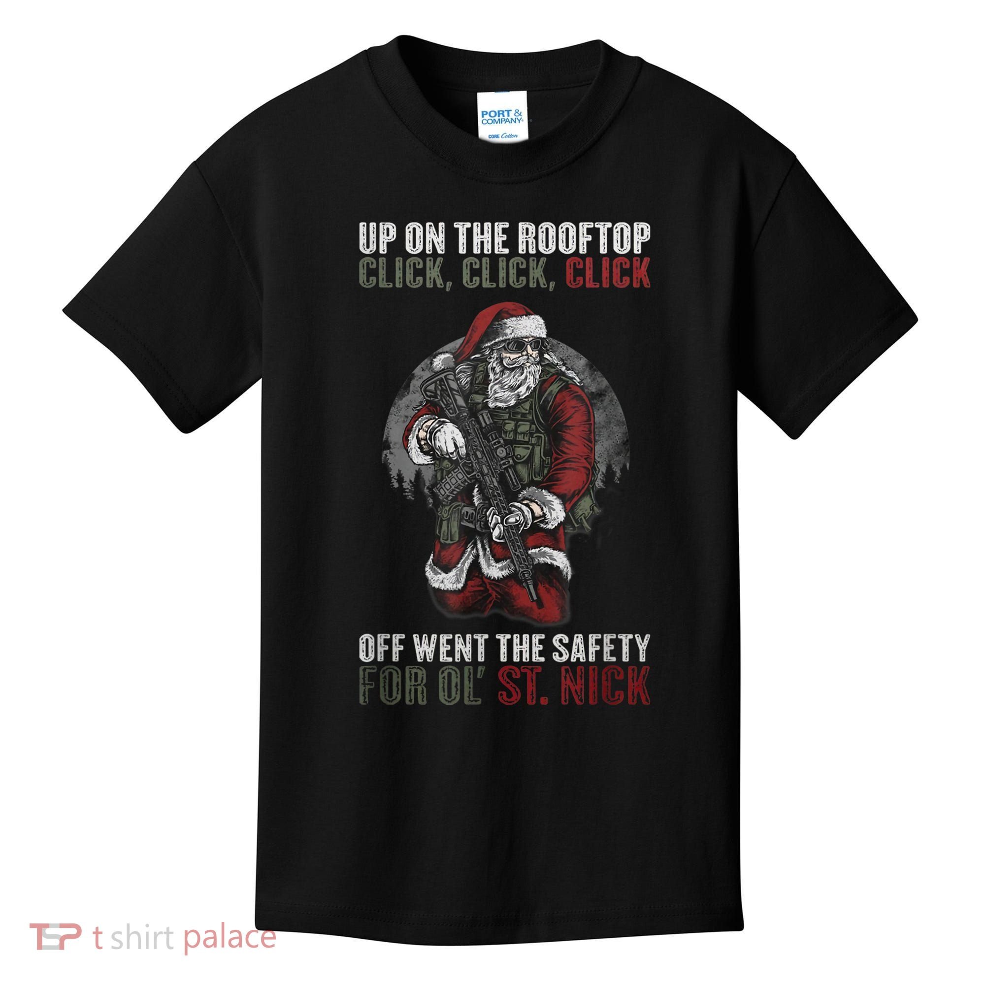 Santa Claus On The Rooftop Funny Tactical Safety Christmas Kids T-Shirt