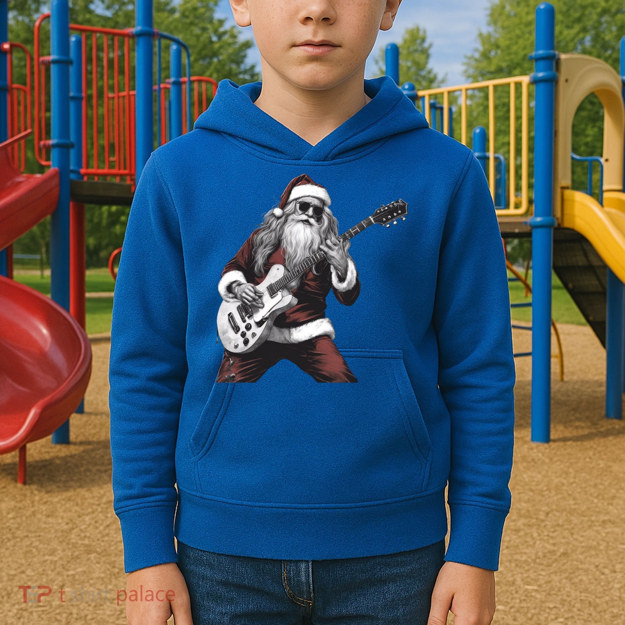 Santa Claus Playing Guitar Rock And Roll Christmas Gift Kids Hoodie
