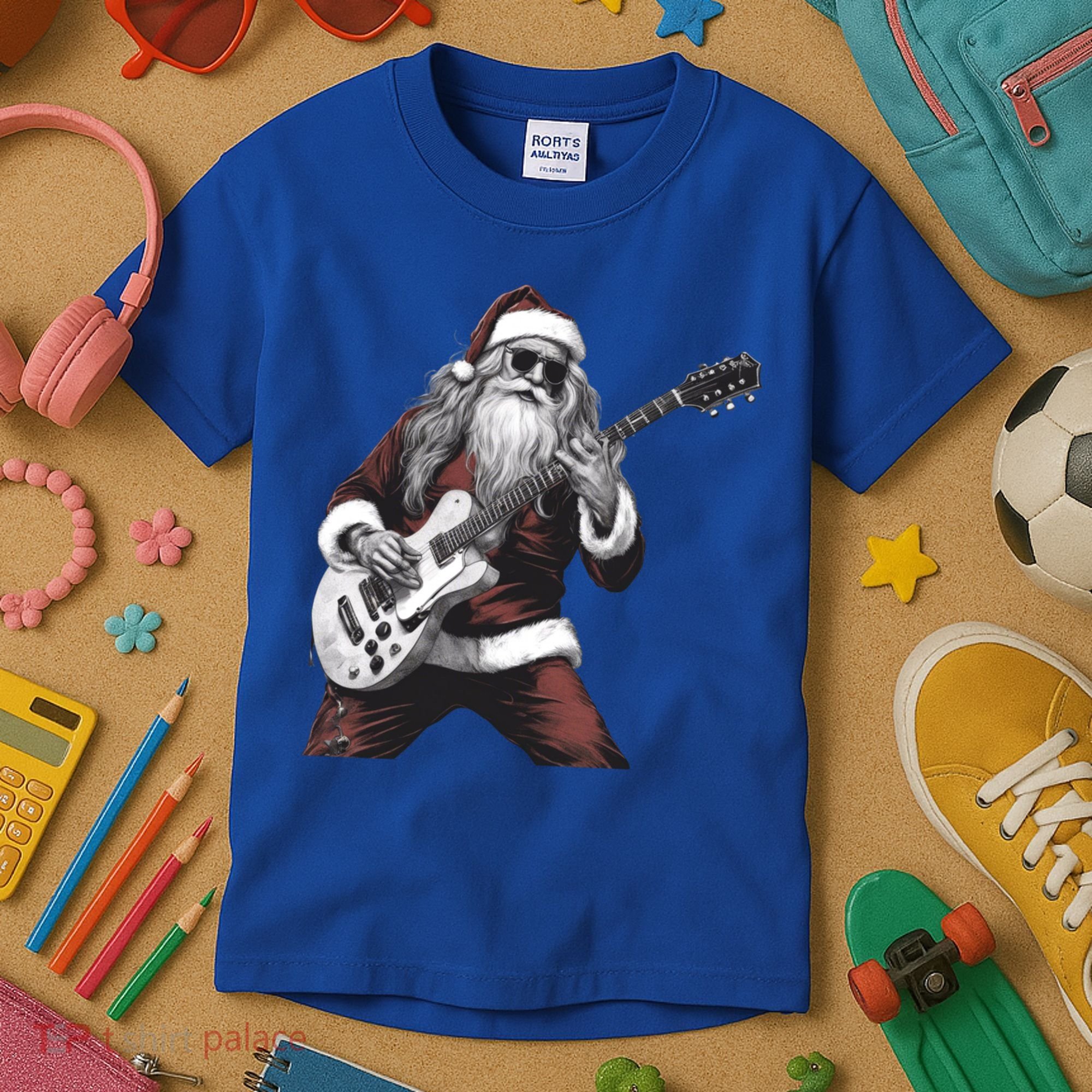Santa Claus Playing Guitar Rock And Roll Christmas Gift Kids T-Shirt