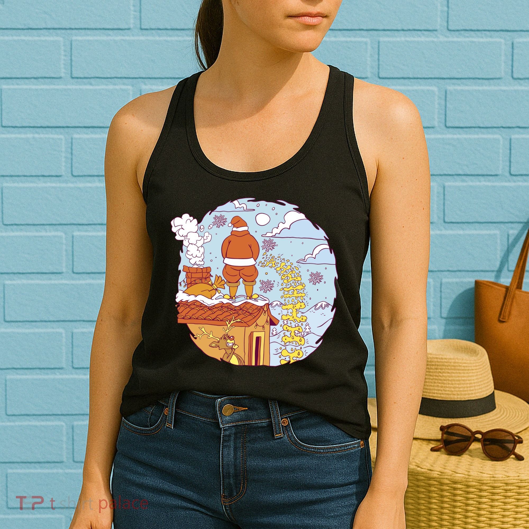 Santa Claus Peeing On Roof Funny Holiday Christmas Women's Tank Top