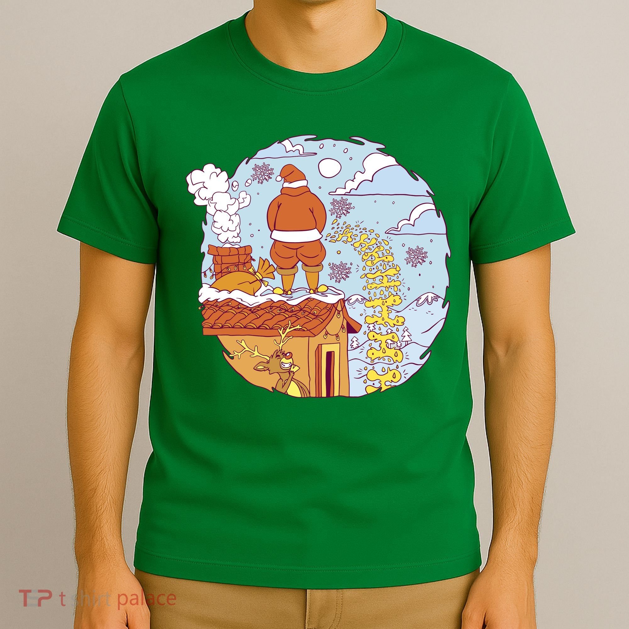 Santa Claus Peeing On Roof Funny Holiday Christmas T-Shirt